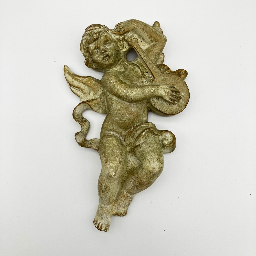 Vintage Cherub Angel Wall Plaque 8" Gold Gilded Resin Musical Lute Decor - Picture 4 of 9